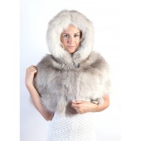 Grey Fox Fur Shawl With Hood